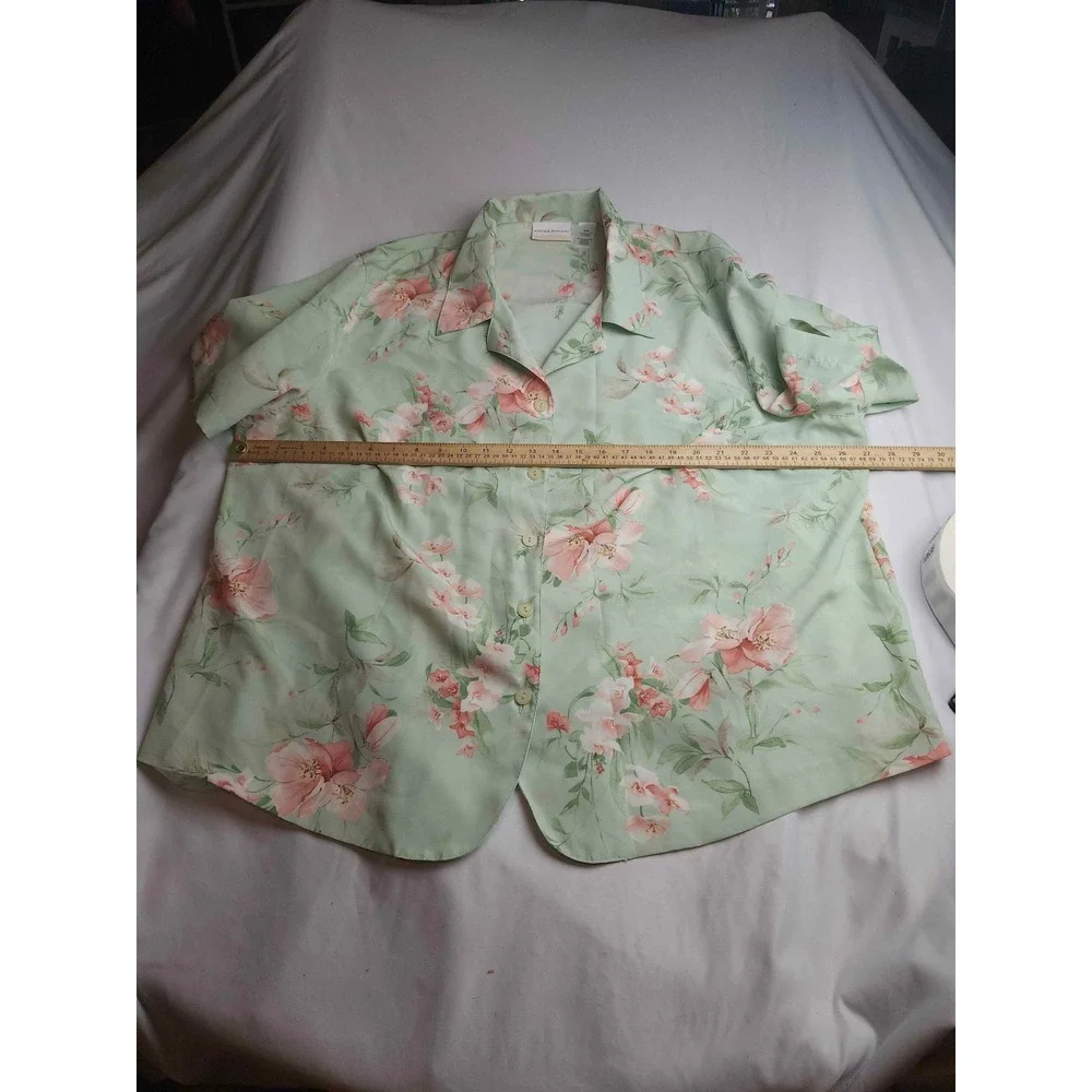 Alfred Dunner Woman Sage Green Floral Button Down Shirt Short Sleeve Size 24W